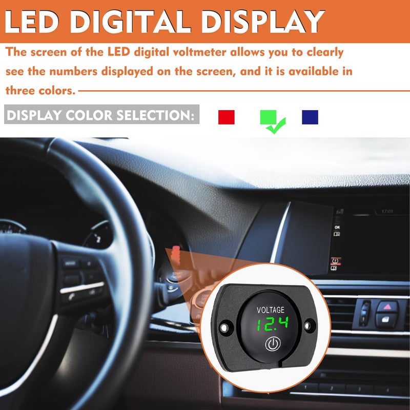 JAMHER DC 12V 24V Volt Meter Battery Voltage Gauge Digital Display with Touch Switch Come with Mounting Plate Round,Connecting Cables and terminals for Boat Marine Motorcycle ATV(Green Light) - Image 5